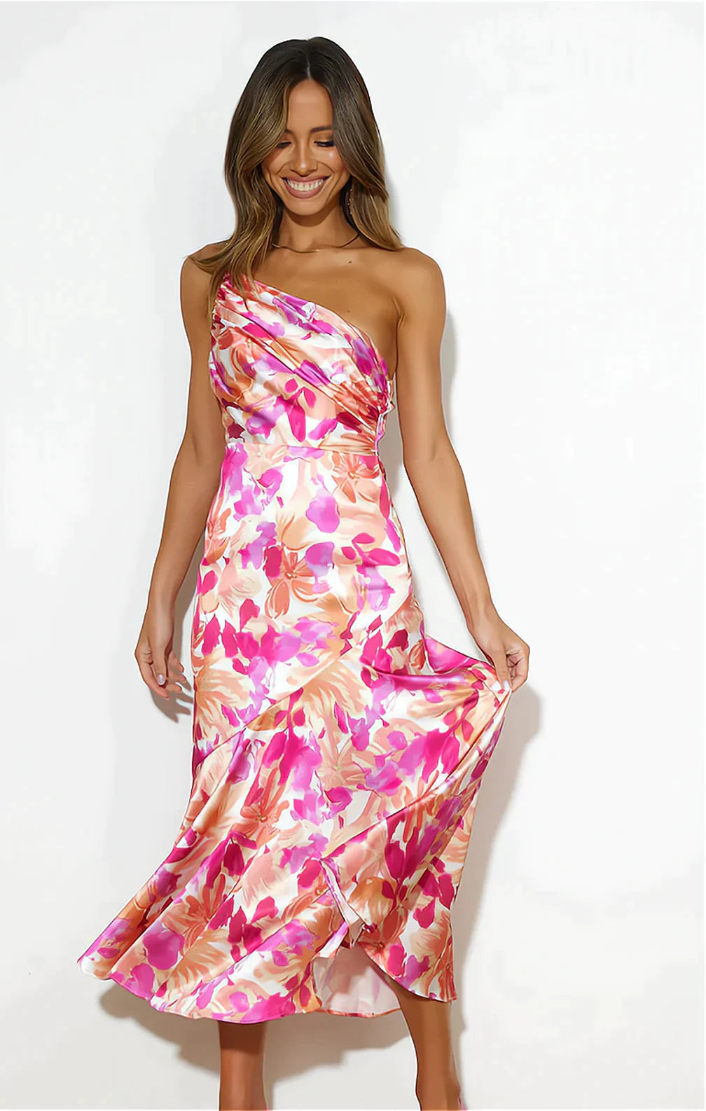 Vestido Midi Floral de Un Solo Hombro para Mujer