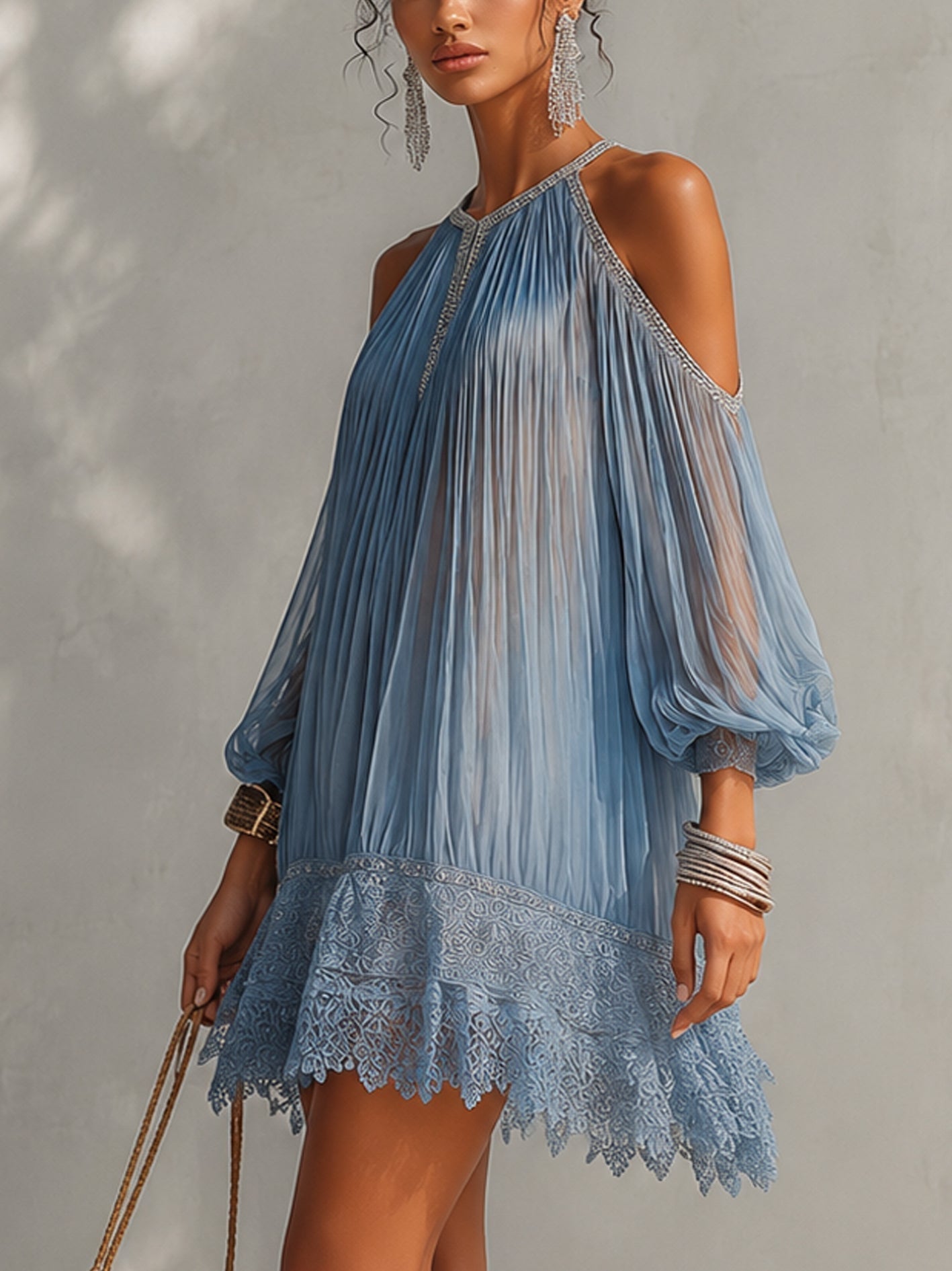 Vestido Corto Plisado de Hombros Descubiertos para Mujer