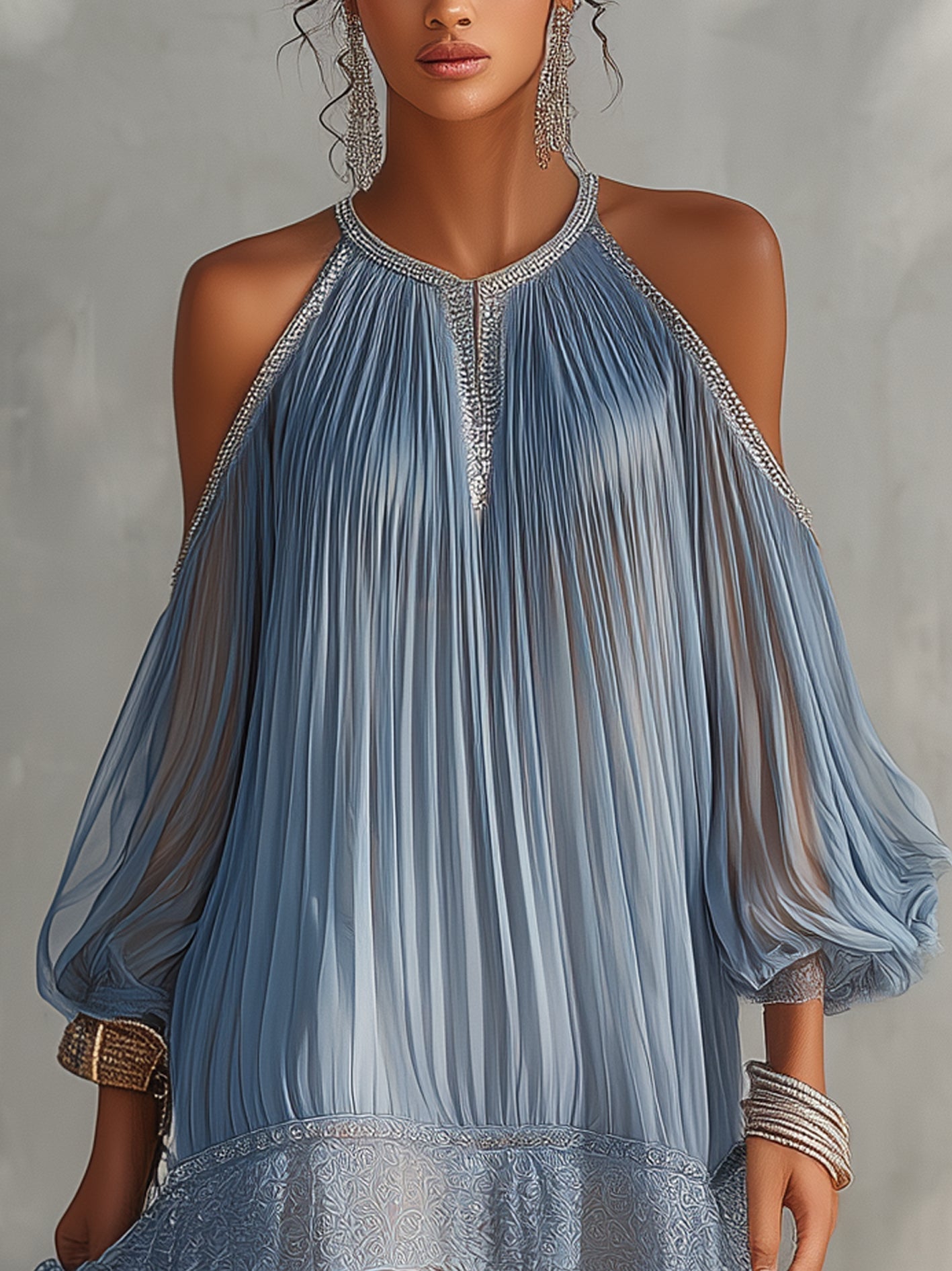 Vestido Corto Plisado de Hombros Descubiertos para Mujer