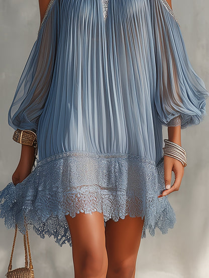 Vestido Corto Plisado de Hombros Descubiertos para Mujer