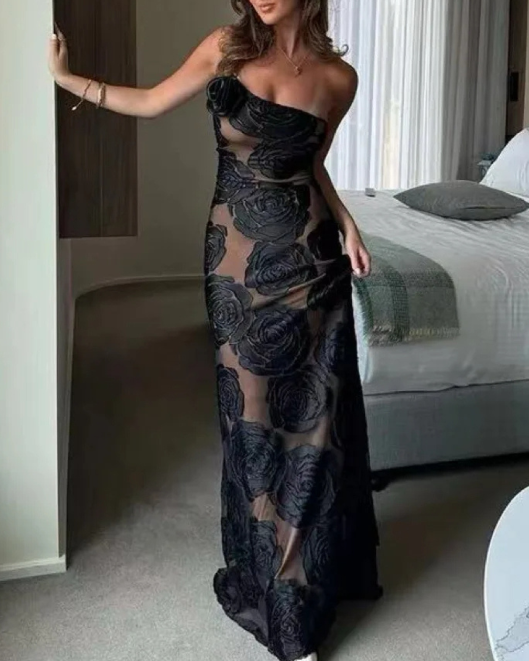 Vestido Largo de Encaje Sin Tirantes para Mujer