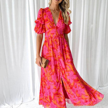 Vestido Largo Floral con Escote en V para Mujer
