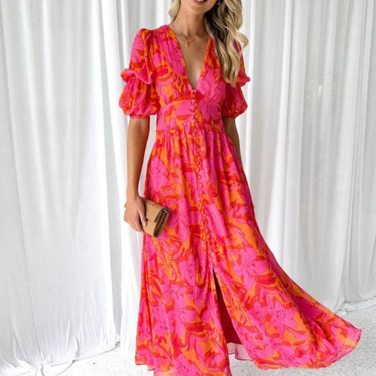 Vestido Largo Floral con Escote en V para Mujer