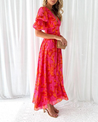 Vestido Largo Floral con Escote en V para Mujer