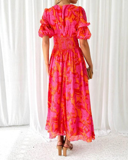 Vestido Largo Floral con Escote en V para Mujer