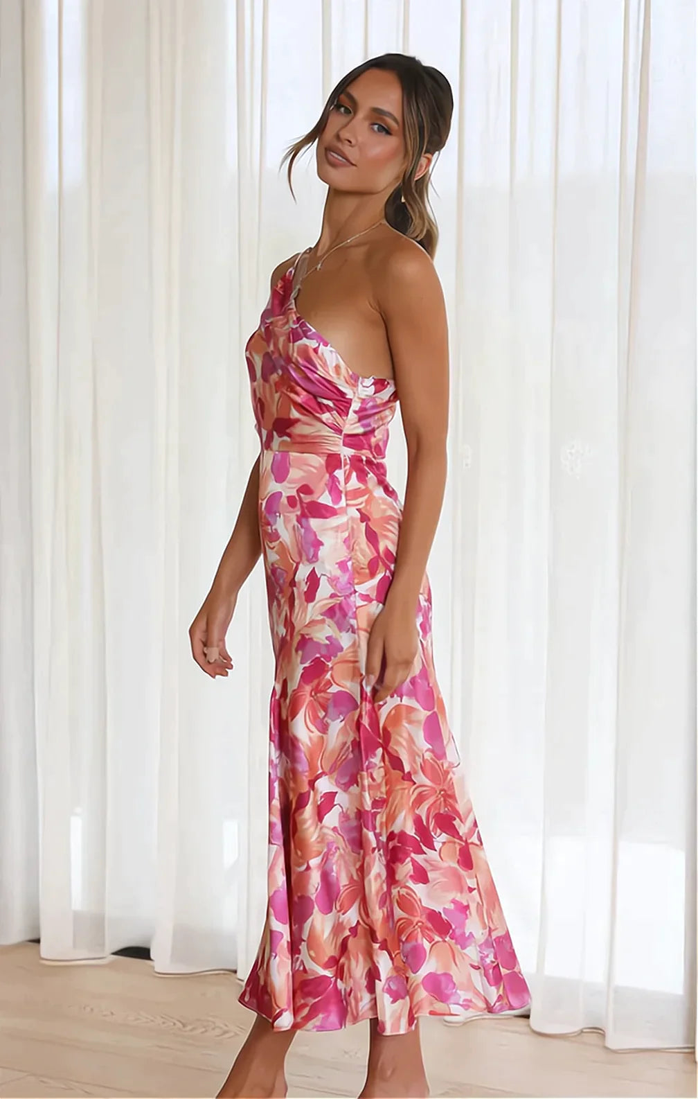 Vestido Midi Floral de Un Solo Hombro para Mujer