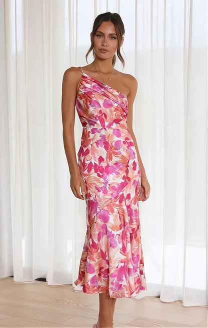 Vestido Midi Floral de Un Solo Hombro para Mujer