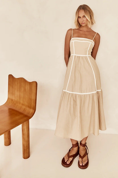 Vestido Midi de Tirantes con Detalles Contrastantes para Mujer
