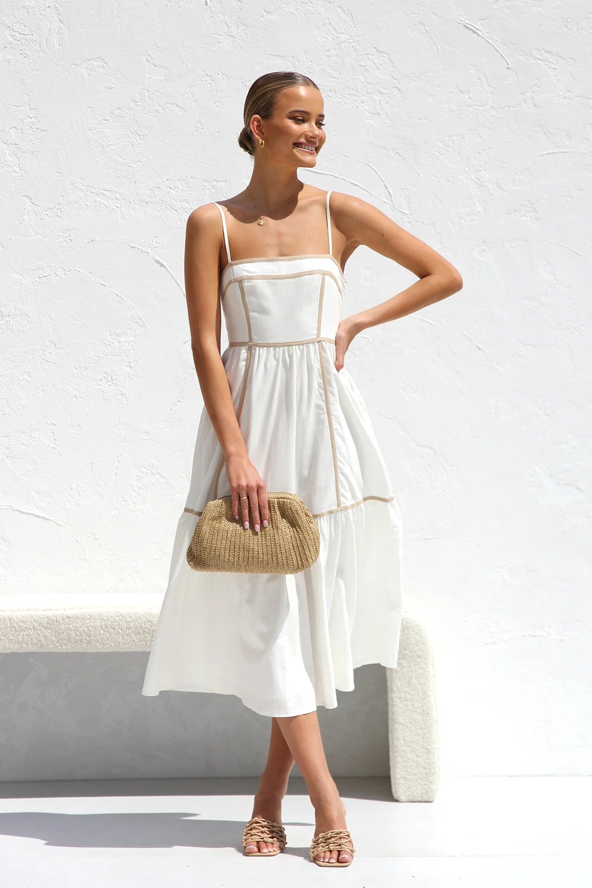 Vestido Midi de Tirantes con Detalles Contrastantes para Mujer
