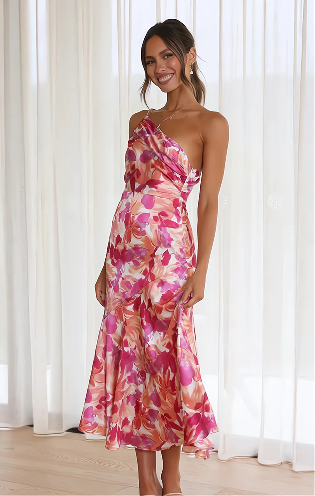 Vestido Midi Floral de Un Solo Hombro para Mujer