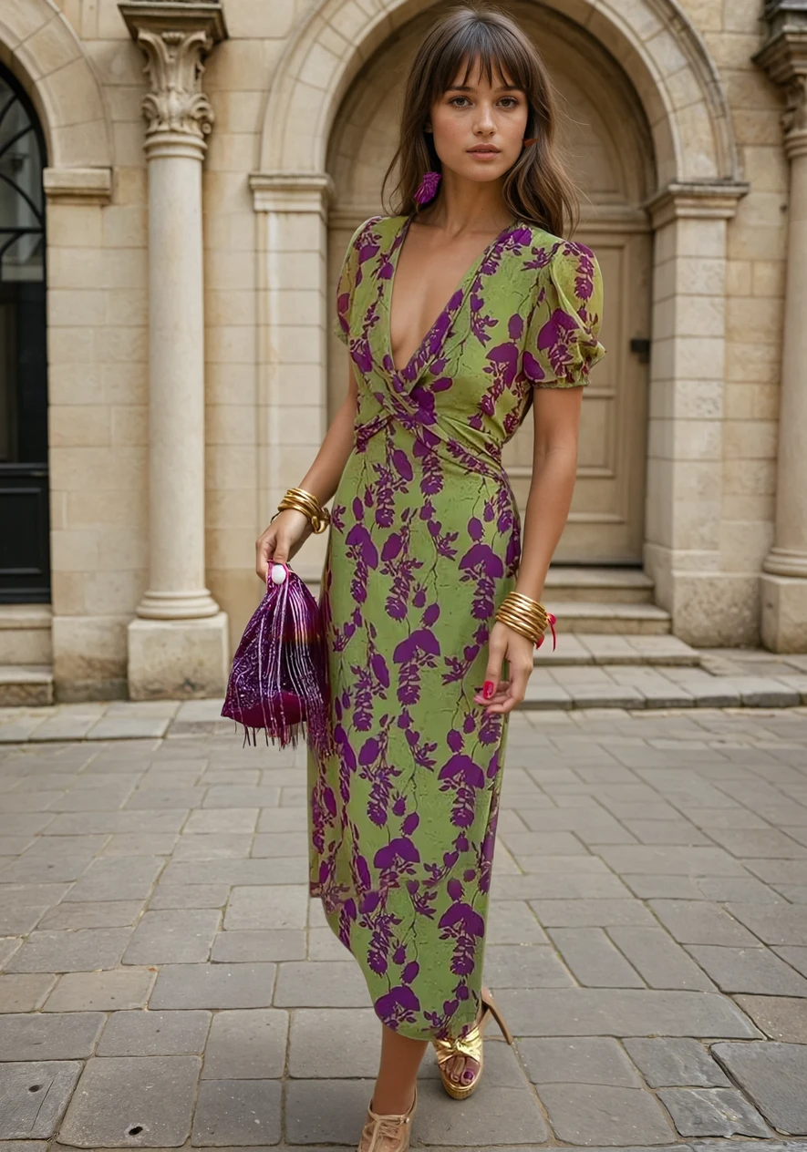 Vestido Midi Floral con Escote Cruzado para Mujer